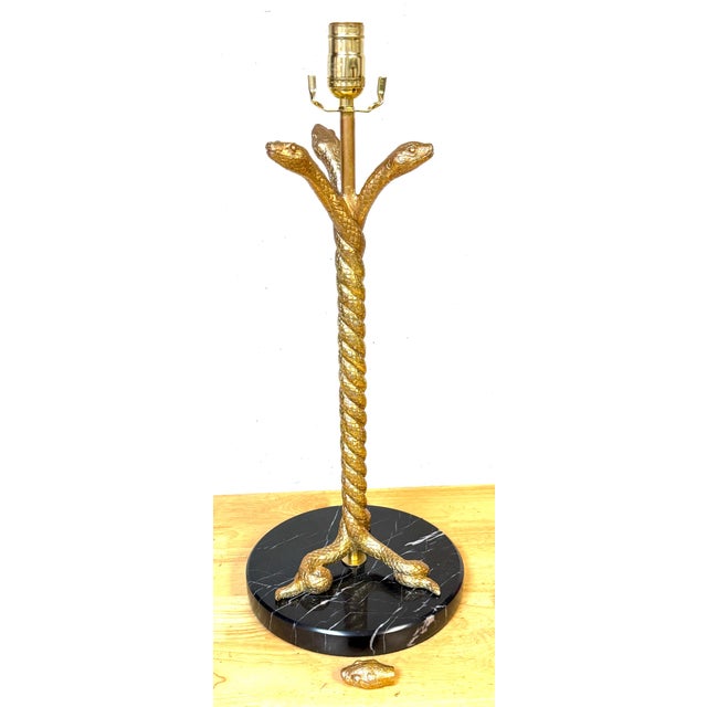 Late 20th Century Late 20th Century Pair Italian Neoclassical Gilt Metal Three-Serpent Table Lamps, Marble Bases For Sale - Image 5 of 13