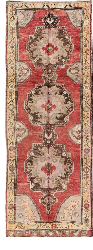 Gallery Size Vintage Oushak Rug With Lustrous Wool and Three Central Medallions