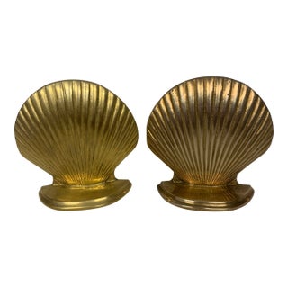 Vintage Solid Brass Clam Seashell Bookends - Pair For Sale