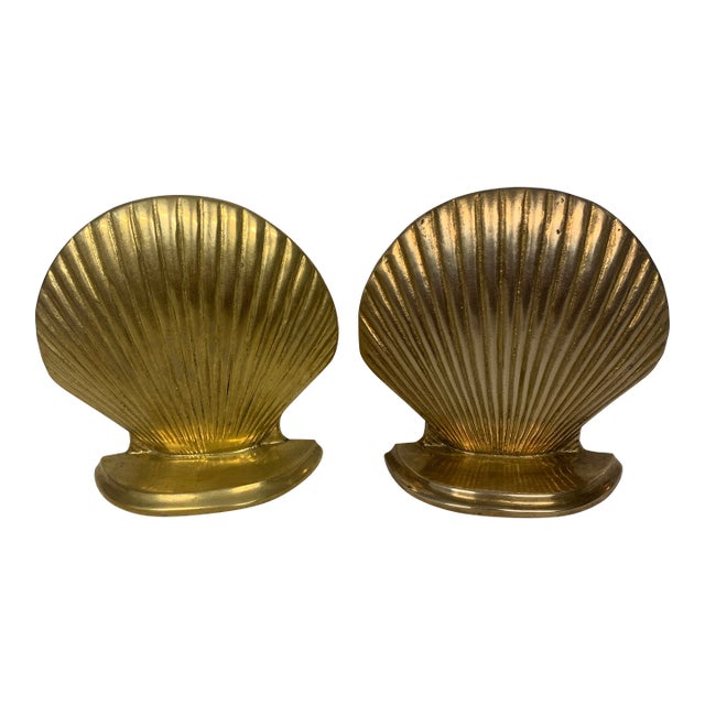 Vintage Solid Brass Clam Seashell Bookends - Pair For Sale