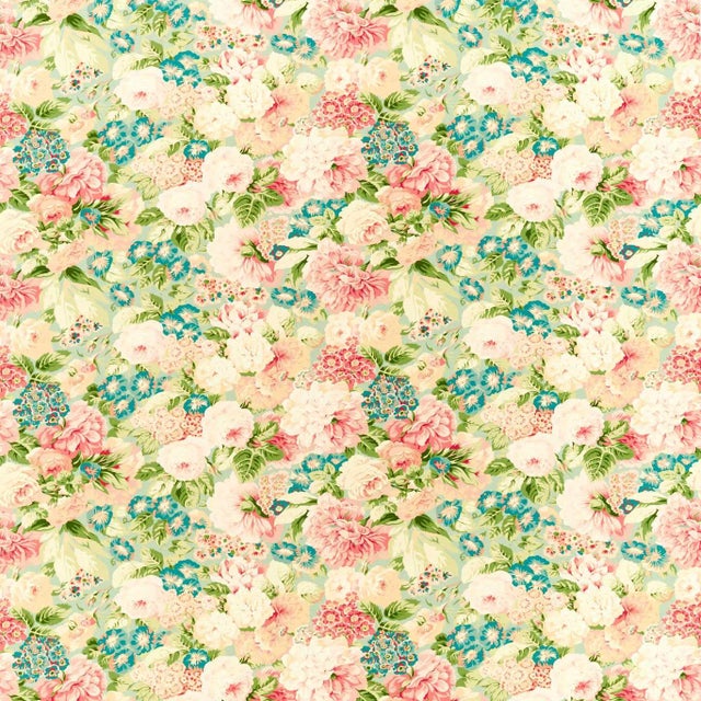 Sanderson Rose & Peony Fabric in Sage/ Coral - a Sample For Sale