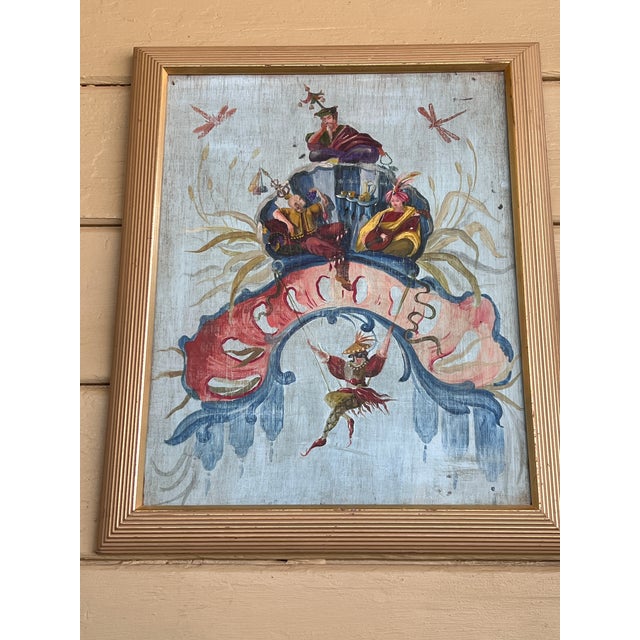 Blue Fine French Chinoiserie Chic Figurative Whimsical Oil on Wood Painting in Gilt Frame For Sale - Image 8 of 18