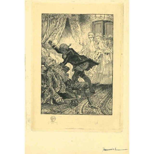 After The Duel is an etching realized by Pierre Georges Jeanniot in 1920. Good condition on a yellowed cardboard. Signed...