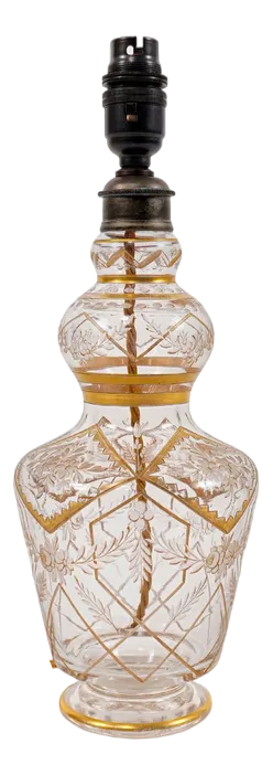 Antique French Intaglio Cut & Gold Gilt Glass Table Lamp by E.H. Dreyfous, 1910s