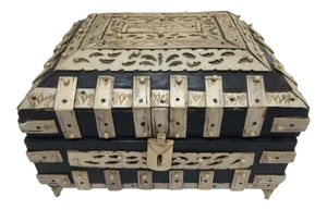 Anglo-Indian Vizagapatam Bombay Mughal Style Footed Box With Bone Overlay
