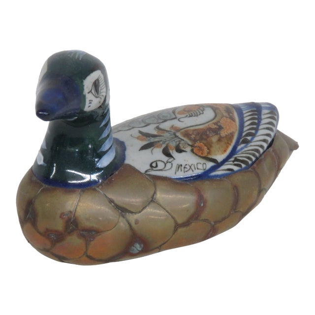 Tonala Mexico Brass Ceramic Duck Mid Century Modern Hand Painted Folk Art 4520b For Sale