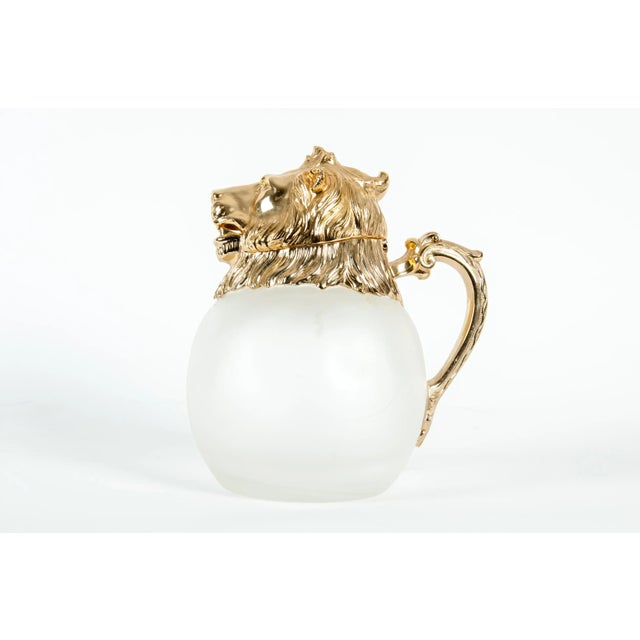 Exquisitely beautiful gilt bronze mounted top / frosted glass tableware water / juice pitcher with side handle. The water...