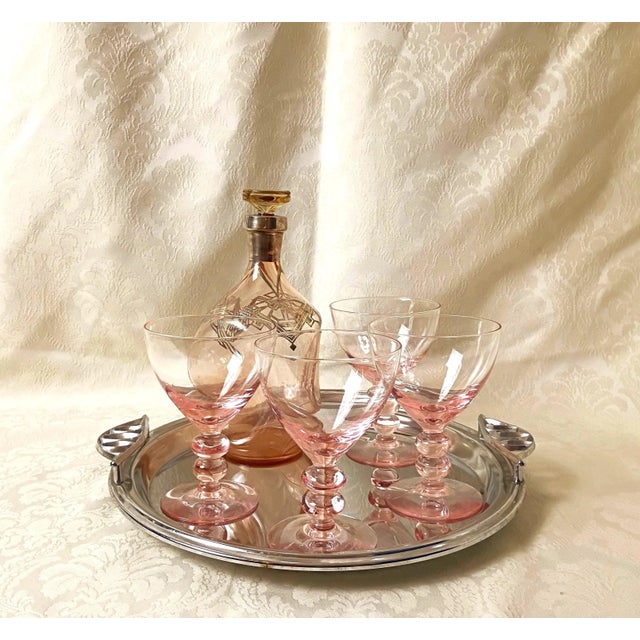 This vintage lead free set of four hand blown Morgantown-style pink cocktail glasses infuses the modern home bar with...