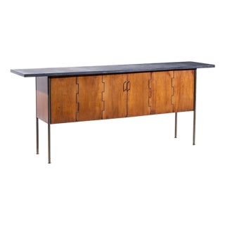 Milo Baughman for Directional Mid Century Walnut, Slate and Brass Console Credenza For Sale
