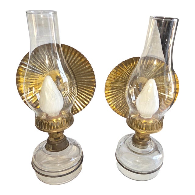 1900s Primitive Pair of Converted Kerosene Lamps With Tin Reflectors Now Electrofied For Sale