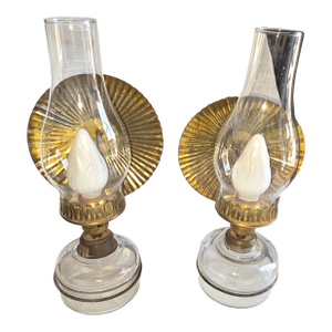 1900s Primitive Pair of Converted Kerosene Lamps With Tin Reflectors Now Electrofied