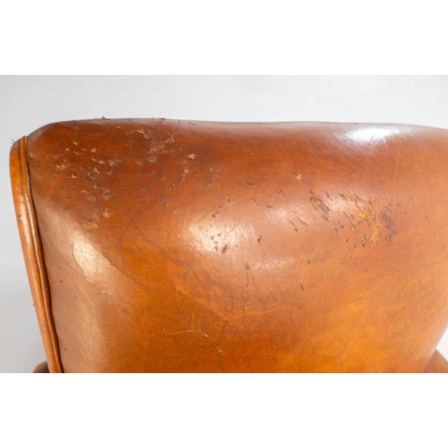 Antique French Club Armchair Fauteuil Cognac Leather and Fabric, 1930, Set of 2 For Sale - Image 9 of 16