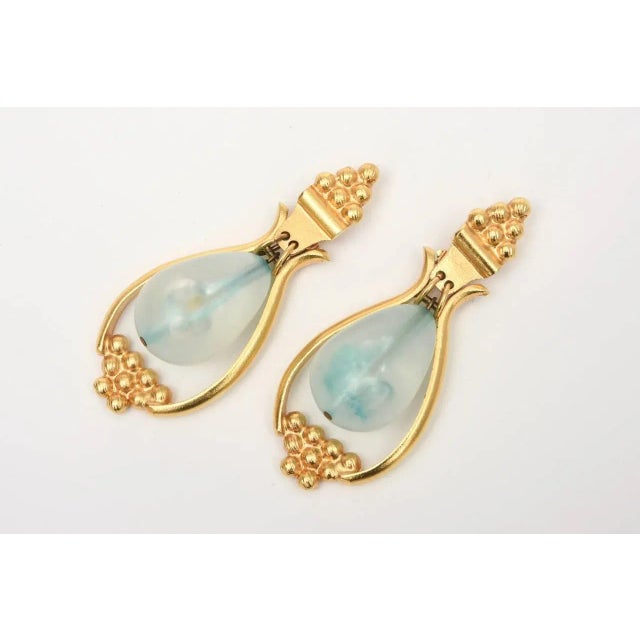 Vintage Gold Plated and Blue Turquoise Resin Drop Dangle Clip on Earrings 80's Pair Of For Sale - Image 4 of 7