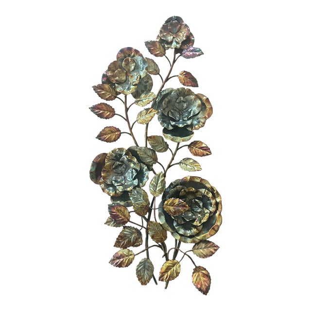Vintage Metal Wall Art of Gilded Roses and Leaves For Sale