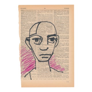 Contemporary Mixed-Media Portrait Drawing on Vintage Paper For Sale