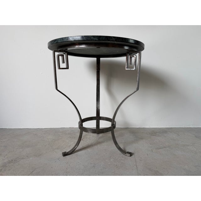 1980s Vintage Art Deco Style Hand-Wrought Iron & Green Marble Side Table With Greek Key Motifs For Sale - Image 5 of 12
