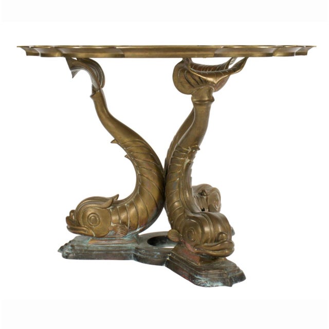 Hollywood Regency 1980s Hollywood Regency Triple Dolphin Bronze Center Table With Scalloped Glass For Sale - Image 3 of 12