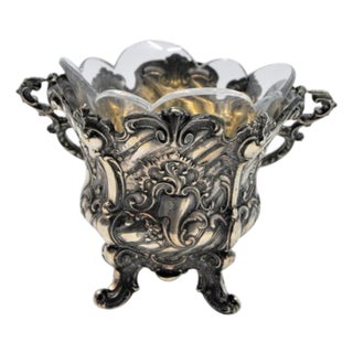 Silver Ice Bucket with Glass Core and Tilting Handle For Sale