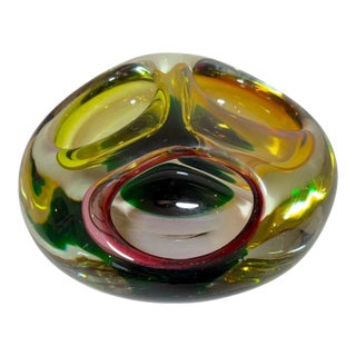 Large Vintage Hand Blown 3 Chamber Murano Art Glass Cigarette Cigar Ashtray For Sale