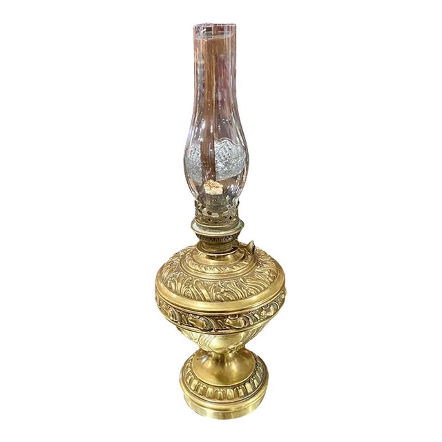 Antique German Chased Gilt Brass Oil Lamp For Sale