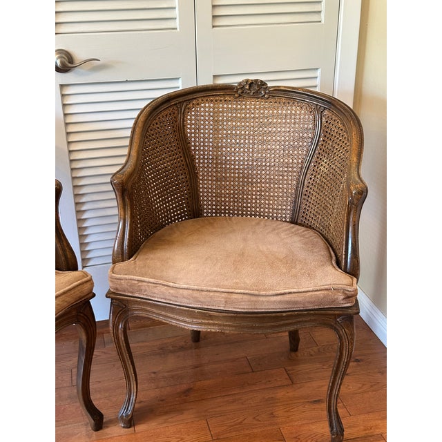 Vintage French Louis XV Style Carved Wood With Cane Arm Chairs a-Pair For Sale - Image 4 of 16