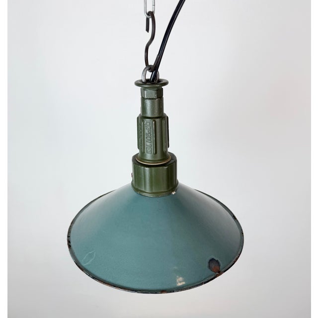Metal Industrial Petrol Enamel Military Pendant Lamp with Cast Aluminium Top, 1960s For Sale - Image 7 of 17