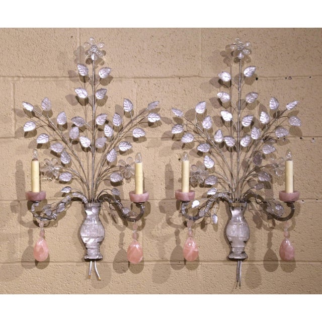 Pair Mid-Century French Rock Crystal and Rose Quartz Two-Light Wall Sconces For Sale In Dallas - Image 6 of 8