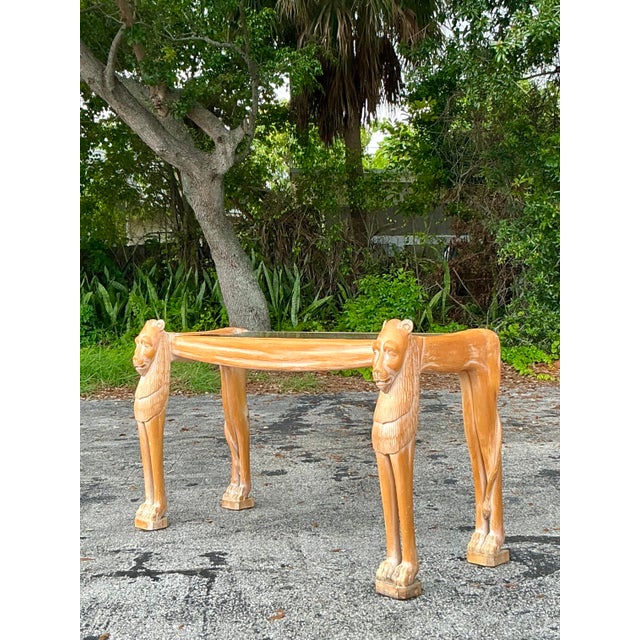 Late 20th Century Vintage Boho Egyptian Revival Carved Lions Head Console Table For Sale - Image 5 of 8