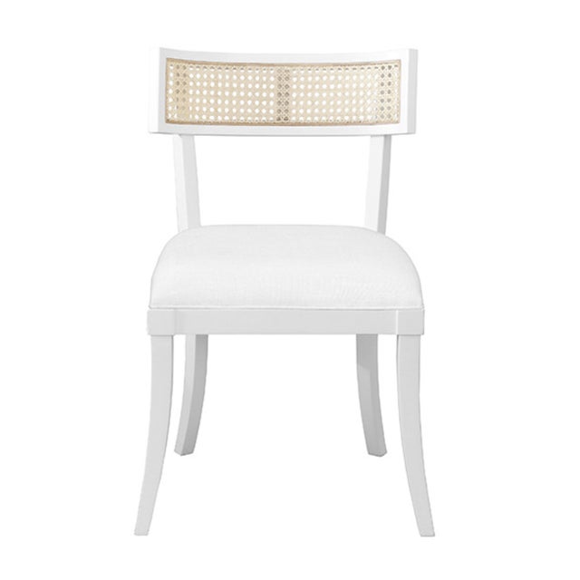 Matthew Izzo Home Britta Matte White Lacquer, Woven Cane, and Linen Upholstered Klismos Style Dining Chair For Sale - Image 10 of 10