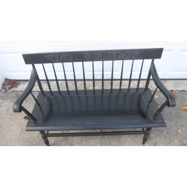 1980s Hitchcock Black Farmhouse Bench Signed Designer For Sale - Image 9 of 11