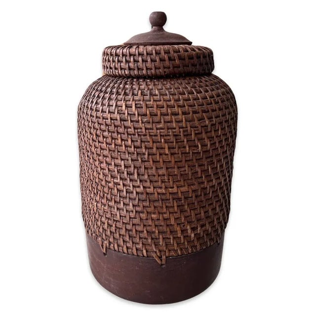Boho Chic Large Handwoven Rattan and Wood Ginger Jar With Lid From the Philippines For Sale - Image 11 of 12