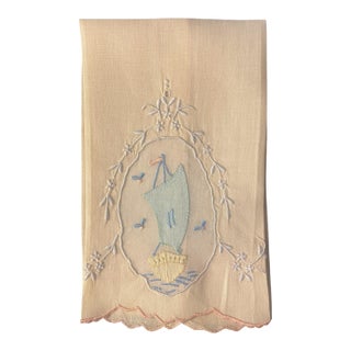 Nautical Madeira Butter Yellow Hand Towel Featuring Galleon Ship in Shadow Appliqué, 1920-30 For Sale