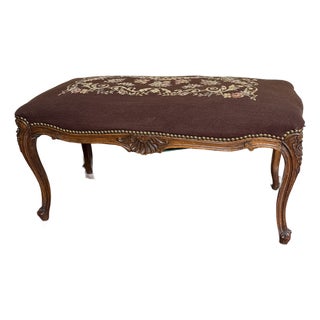 Antique French Louis XV Style Carved Walnut Needlepoint Bench Stool Vanity Ottoman For Sale