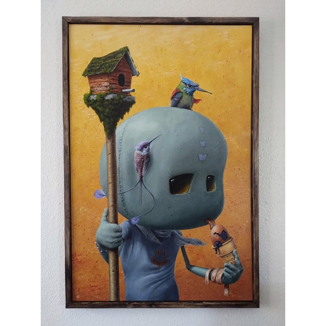 Orange Just One Lick by 3rd Version (Ben Patterson) | Acrylic and Oils on Cotton Canvas humanoid figure with birds and ice cream For Sale - Image 8 of 10