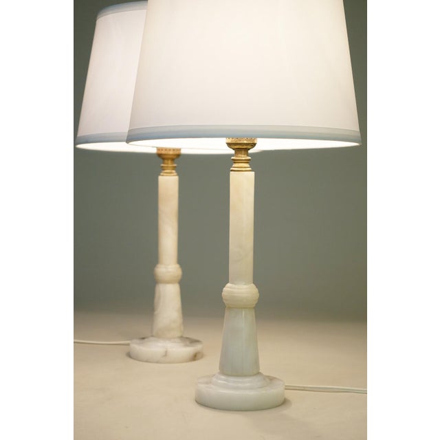 1930s Art Deco Streamline Alabaster Marble Brass Candlestick Table Lamps Italy - a Pair For Sale - Image 4 of 13