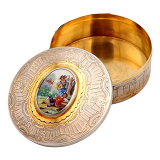 Silver Box with Reliefs and Enameled Monogram with Idyllic Scene For Sale