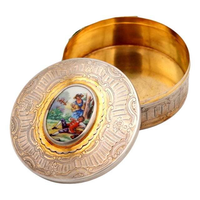 Silver Box with Reliefs and Enameled Monogram with Idyllic Scene For Sale