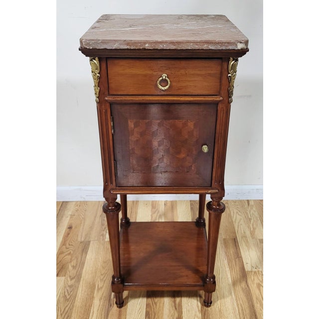 Pair French Louis XVI Parquetry Inlaid Bronze & Marble Top Nightstands For Sale - Image 4 of 18