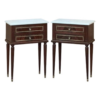 Pair Louis XVI Style Mahogany End Tables ~ Nightstands With Carrara Marble For Sale