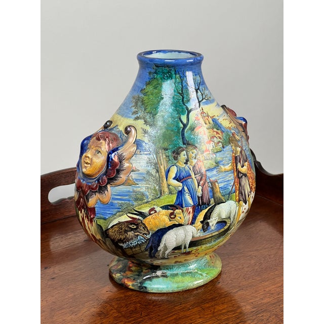 Antique Italian Renaissance Revival Hand Painted Maiolica Vase With Winged Putti Handles, C. 1920-1940 For Sale - Image 4 of 8
