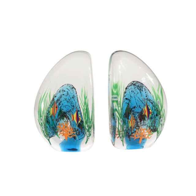 Underwater World: Pair of Zellique Studios "Coral Reef" Glass Aquarium Bookends Dated 2000 A stunning pair of heavy, solid...