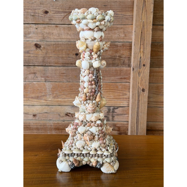 Wood Vintage Handcrafted Coastal Seashell Encrusted Wood Pedestal Candleholder For Sale - Image 7 of 12