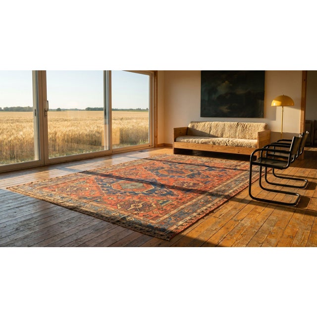 1890s Red Blue Tribal Geometric Antique Caucasian Sumak Rug 7'6" X 10'6" Flatweave Wool Carpet For Sale - Image 9 of 10