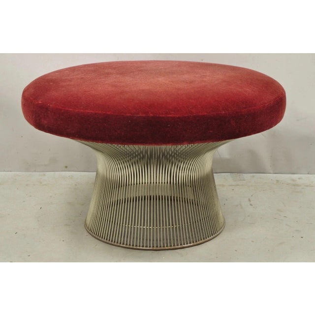 Vintage Warren Platner for Knoll 32" Round Chrome Base Ottoman Mushroom Stool. Item features chrome metal base, red velvet...