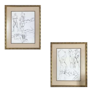 Circa 1990 Nude Female Figural Pencil on Paper Drawlings in Gold Tone Frame, Pair