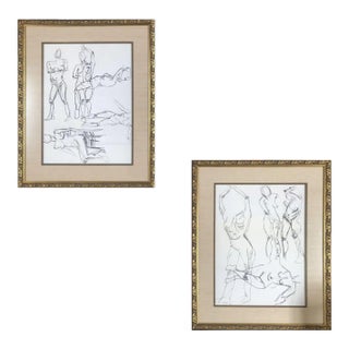 Nude Female Figurative Pencil on Paper Drawings in Gold Tone Frame, Pair For Sale