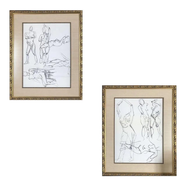 Nude Female Figurative Pencil on Paper Drawings in Gold Tone Frame, Pair For Sale