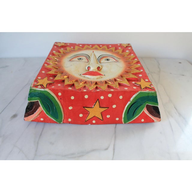 Indian Vintage Handcrafted Painted Wooden Sun Face Wall Hanging For Sale - Image 3 of 10