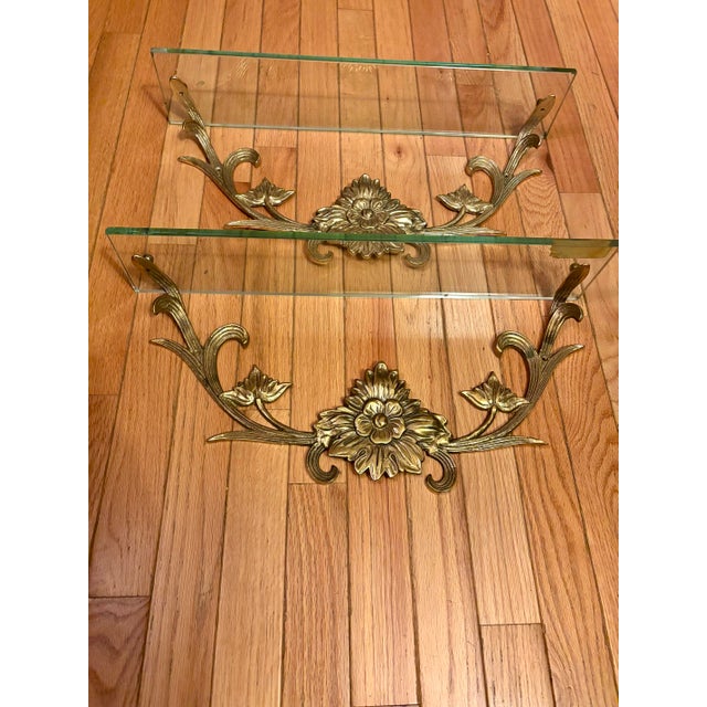 Art Nouveau 1970s Ornate Brass and Glass Wall Shelves, Made in Taiwan, a Pair For Sale - Image 3 of 12