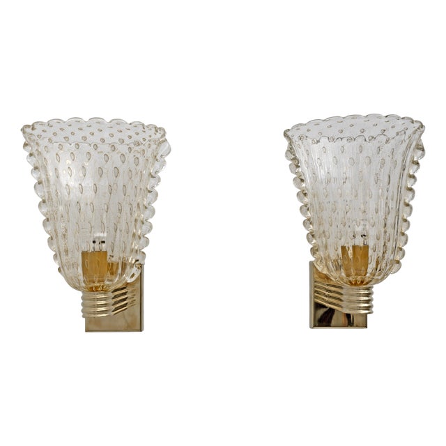 Art Deco Style Brass and Pulegoso Murano Glass Sconces by Barovier & Toso, 1990, Set of 2 For Sale
